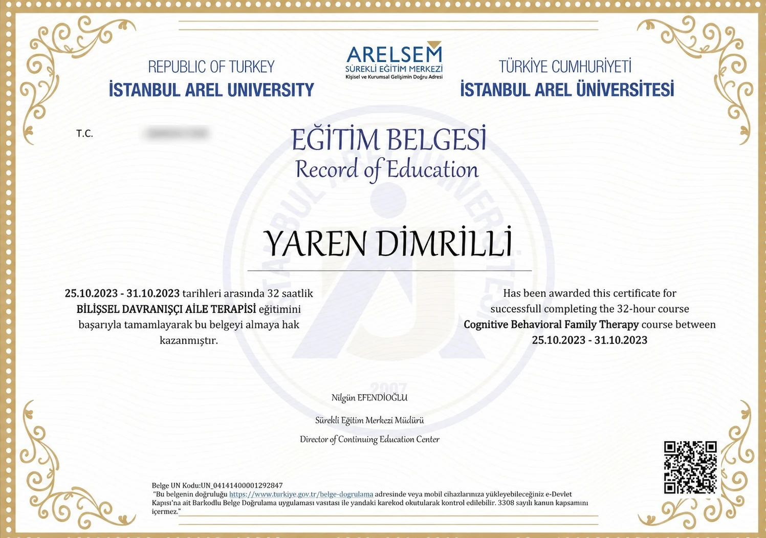 Bilişsel Davranışçı Aile Terapisi sertifikası
