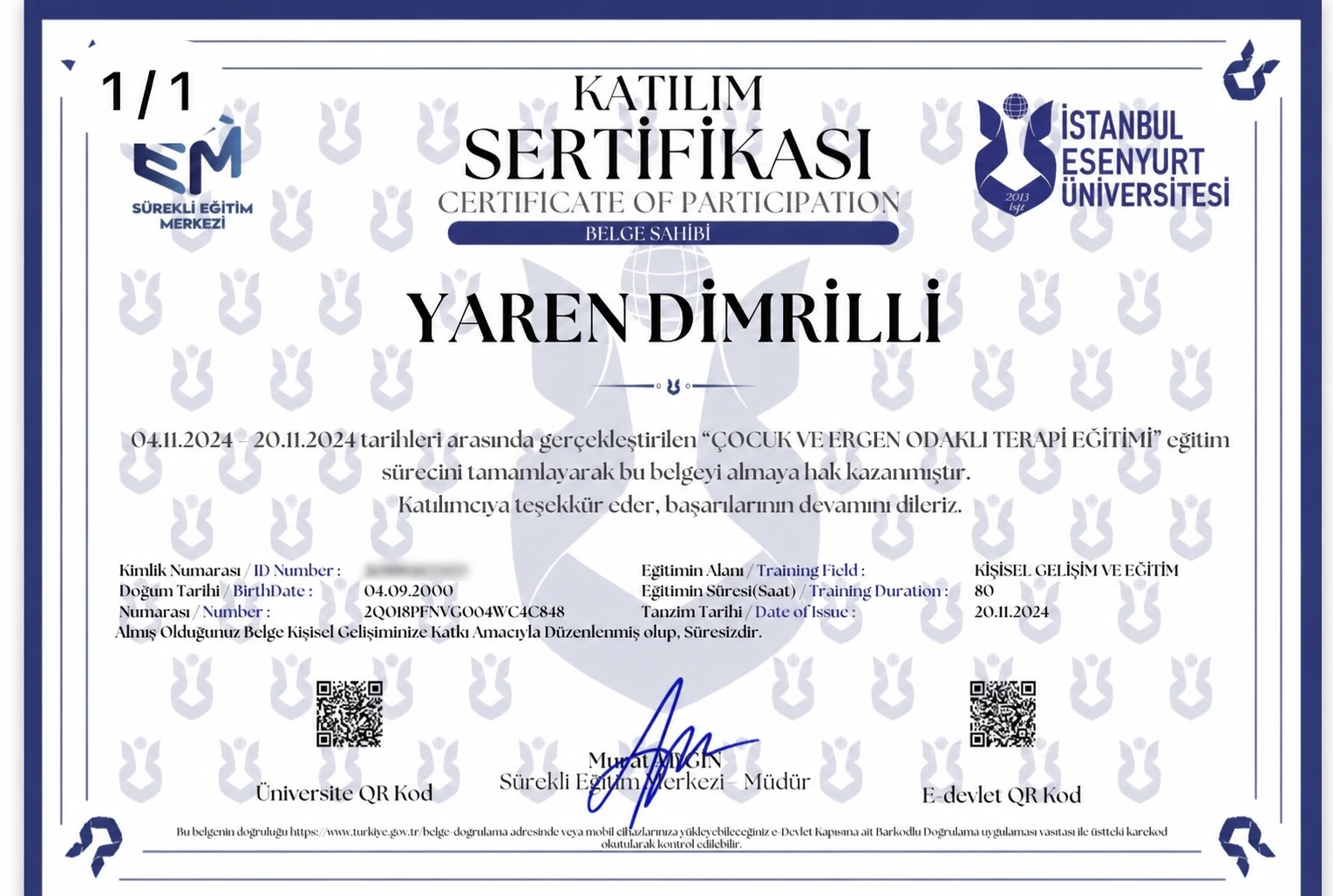 Çocuk ve Ergen Odaklı Terapi Eğitimi sertifikası