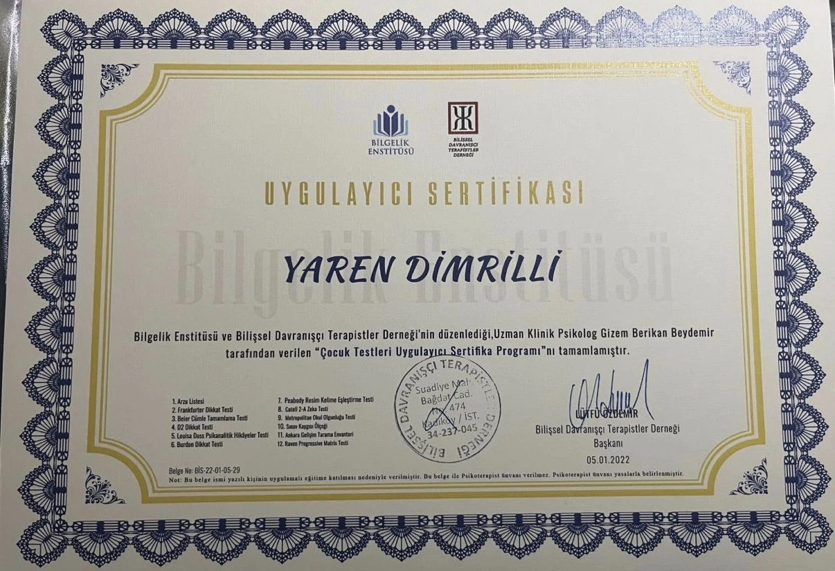 Çocuk Testleri Uygulayıcı Sertifikası sertifikası