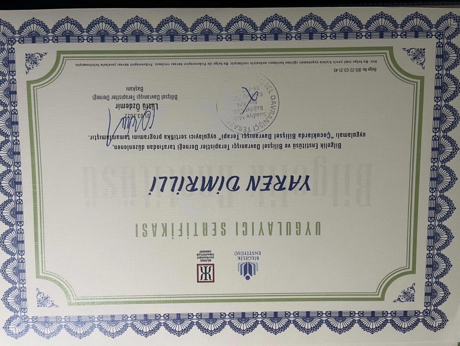 Çocuklarda Bilişsel Davranışçı Terapi sertifikası