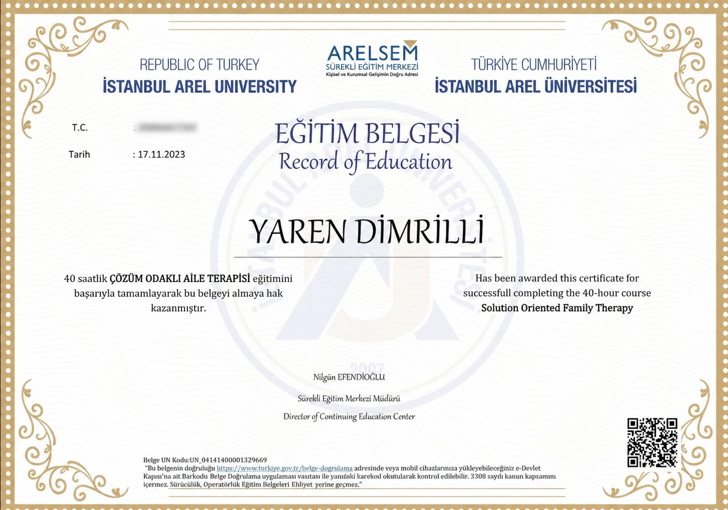 Çözüm Odaklı Aile Terapisi sertifikası