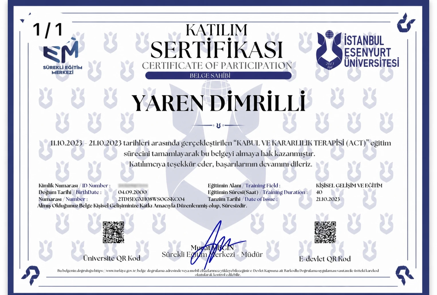 Kabul ve Kararlılık Terapisi (ACT) sertifikası