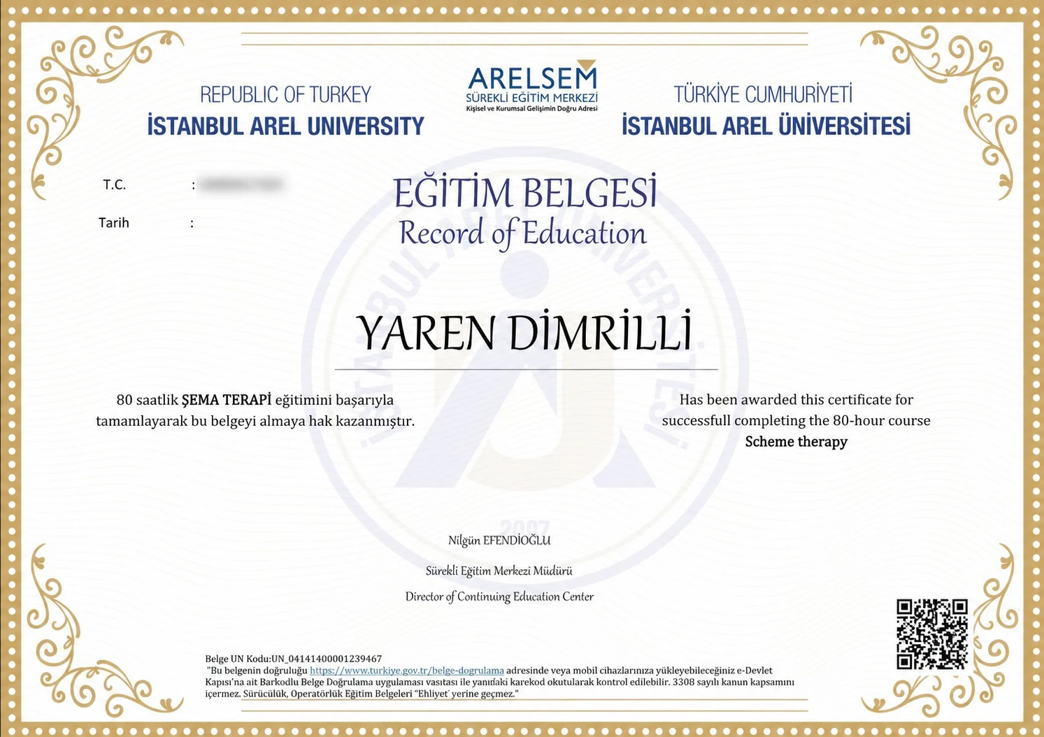 Şema Terapi sertifikası